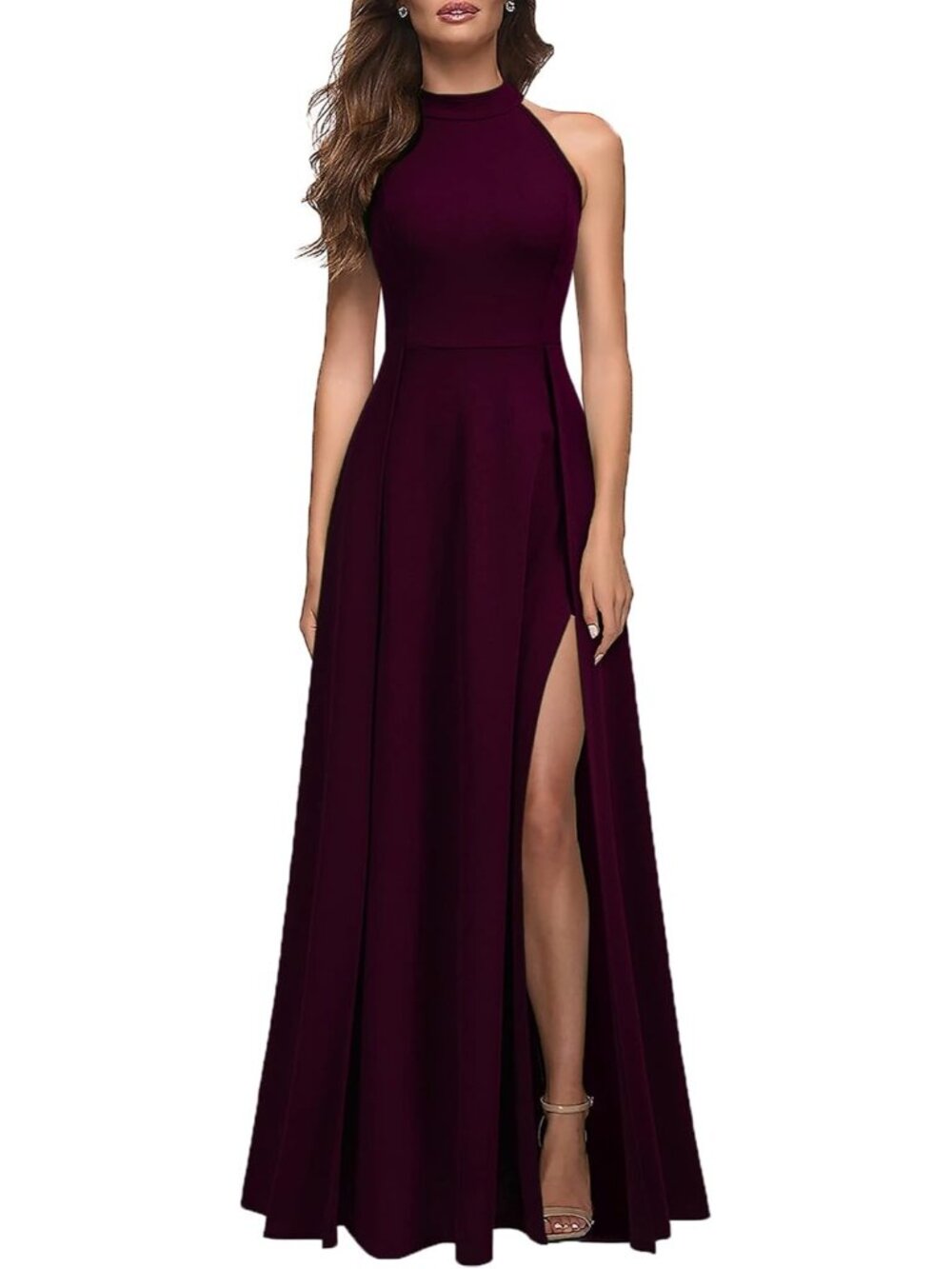 Women's Burgundy Halter Neck Sexy Split Cocktail Party Formal Long Maxi Dresses